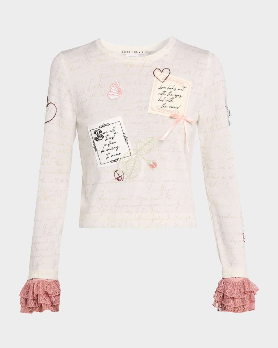 Carolann Script Embroidered Ruffle-Cuff Sweater